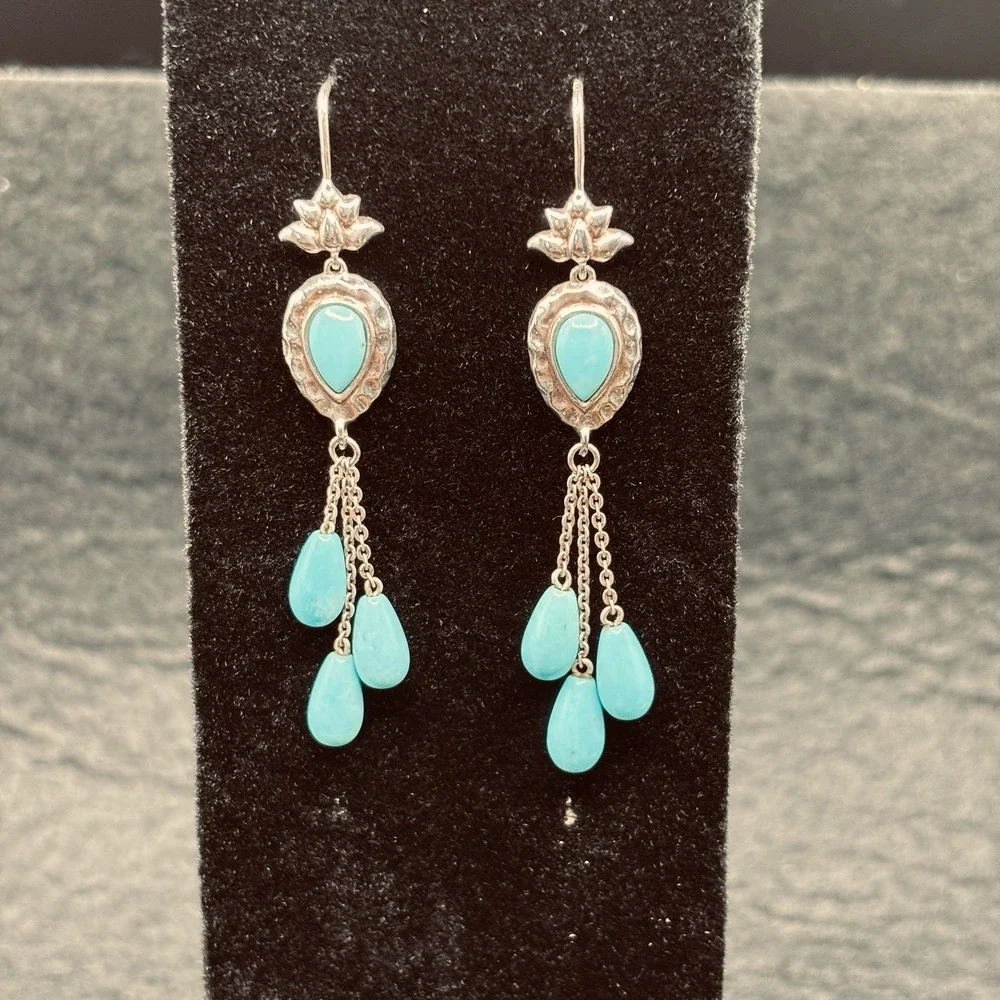 925 Sterling Silver Turquoise Dangle Earrings Floral Teardrop Boho Southwest